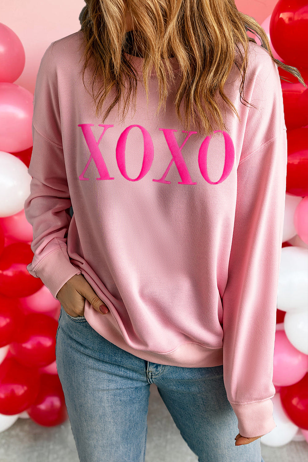 Xoxo Puff Print Drop Shoulder Pullover Sweatshirt | Pink