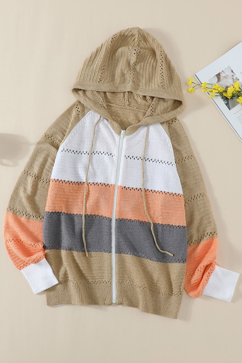 Zipped Front Colourblock Hollow-Out Knit Hoodie | Multicolour