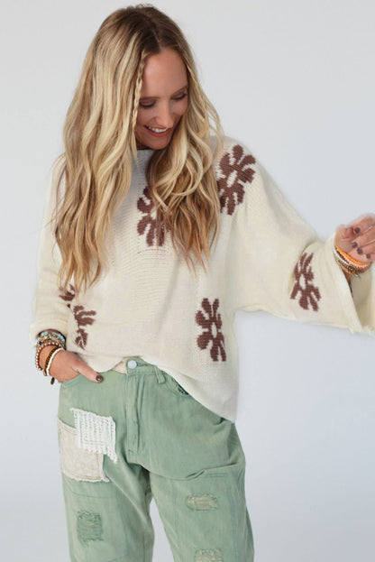 Colourblock Floral Pattern Round Neck Sweater | White