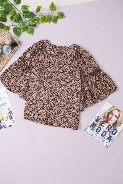 Leopard Print Ruffle Wide Sleeve Blouse | Chestnut