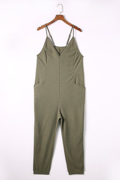 Textured Sleeveless V-Neck Pocketed Casual Jumpsuit | Green