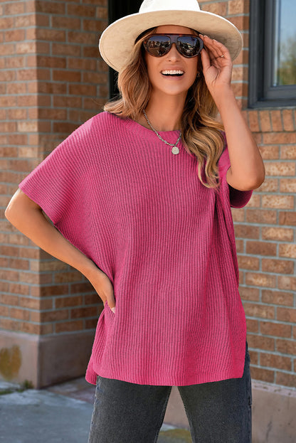 Short Sleeve Side Slit Oversized Sweater | Rose Red