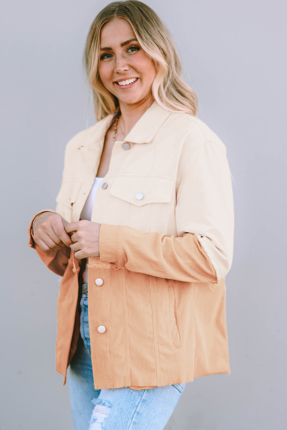 Two Toned Colourblock Cord Chambray Flap Pockets Jacket | Khaki