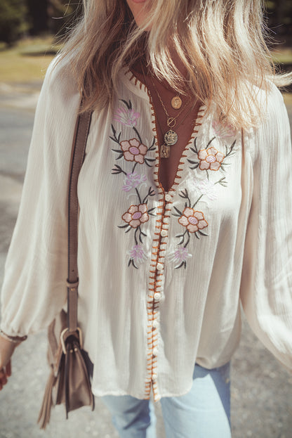 Floral Embroidered Textured Puff Sleeve Loose Shirt | Beige