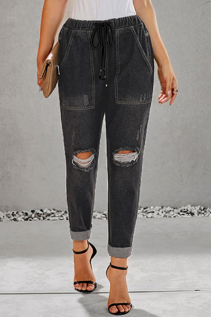 Gather Round Distressed Pocketed Denim Jogger | Black