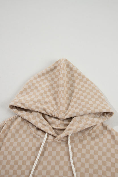 Checkered Print Kangaroo Pocket Drawstring Hoodie | Khaki