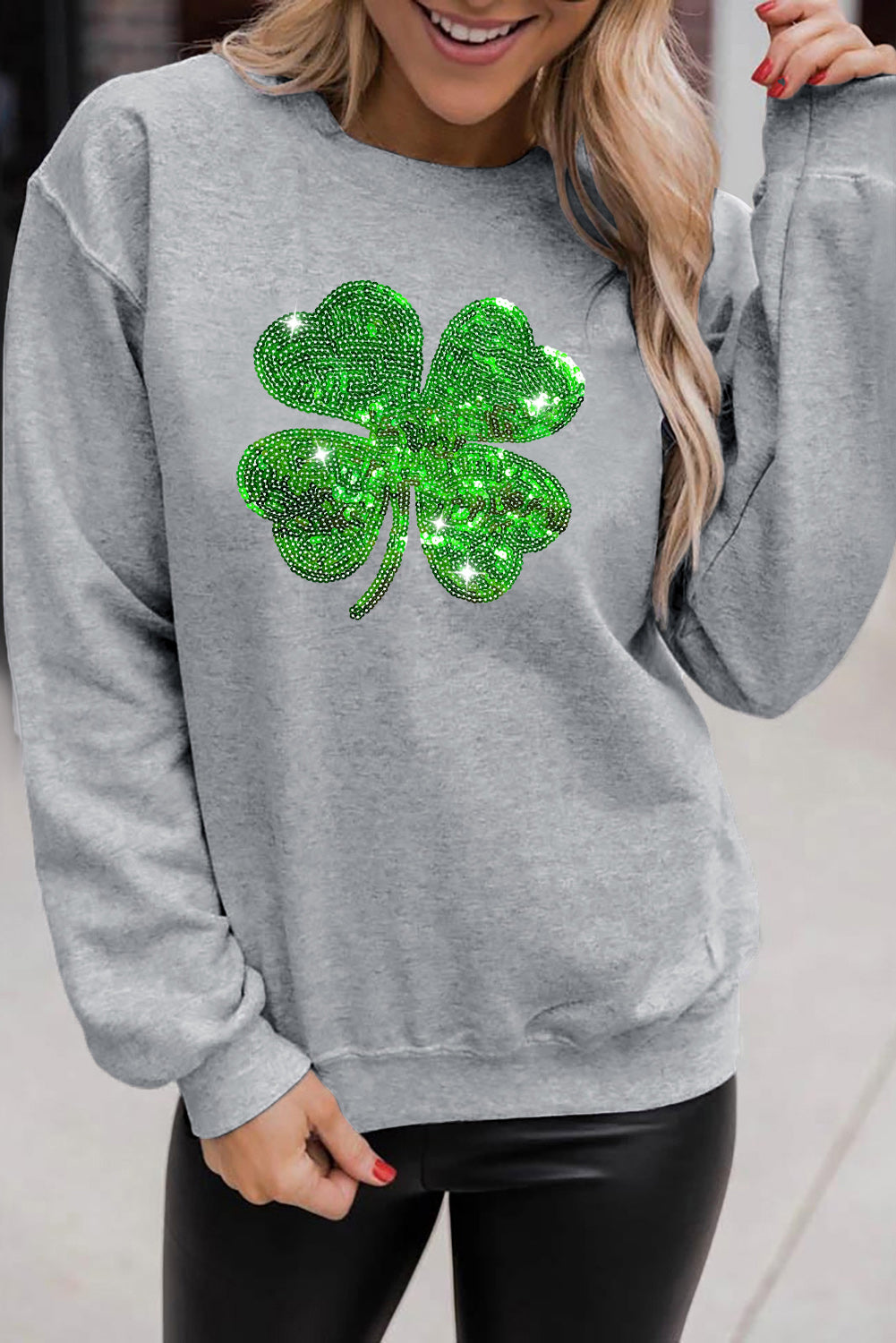 Sequined Clover Patch St Patrick Fashion Sweatshirt | Gray