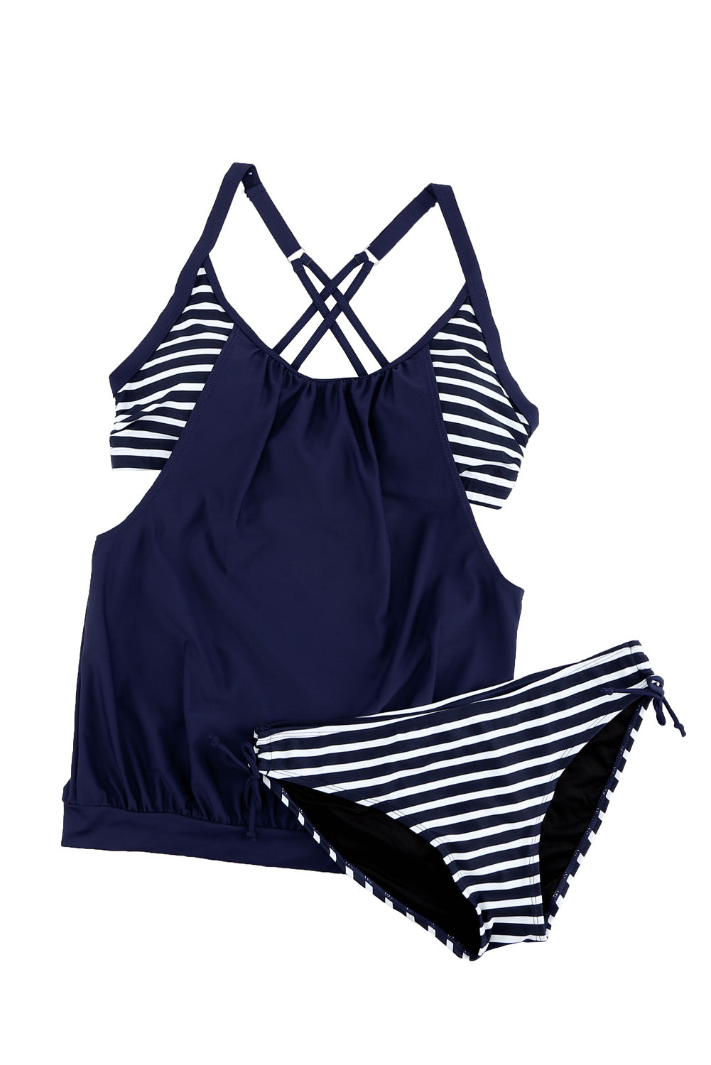 Layered-Style Striped Tankini With Triangular Briefs | Navy Blue