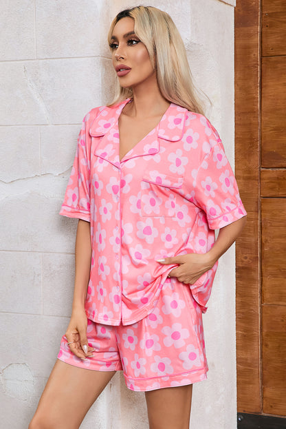 Flower Print Short Sleeve Shirt Pajamas Set | Pink