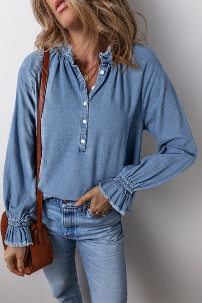 Frilled Raw Hem Half Buttoned Denim Top | Sky Blue