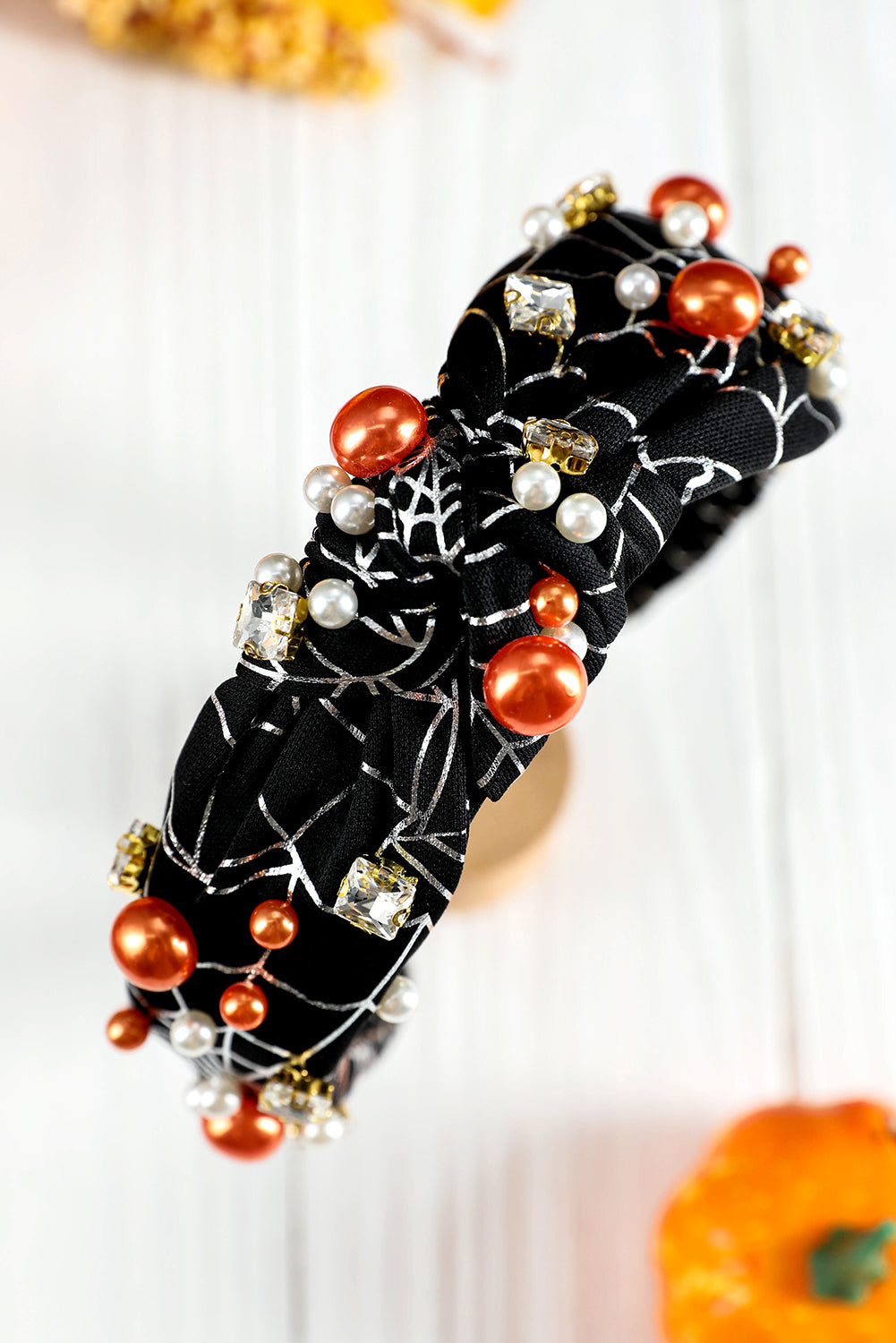 Pearled Rhinestone Knotted Spiderweb Halloween Headband | Black