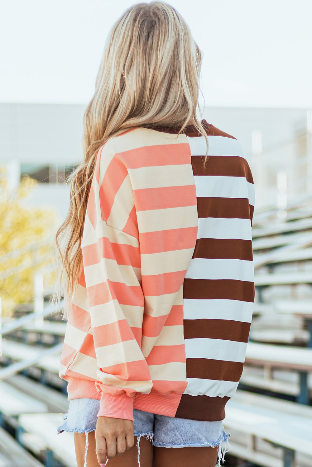 Colour Block Drop Shoulder Pullover Sweatshirt | Brown Stripe