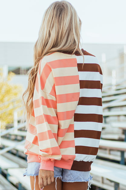 Colour Block Drop Shoulder Pullover Sweatshirt | Brown Stripe