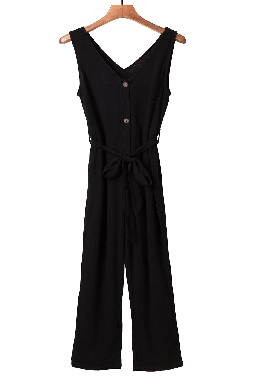 V Neck Button Belted Jumpsuit With Pockets | Black