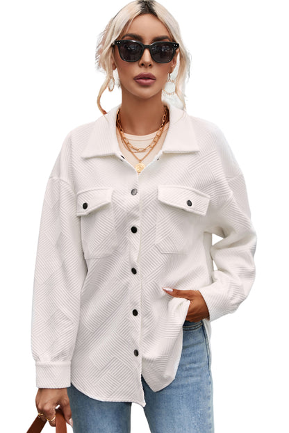 Solid Textured Flap Pocket Buttoned Shacket | Beige