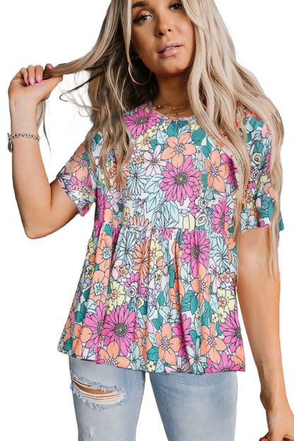 Bohemian Flower Print Flowy Short Sleeve Top | Multicolour