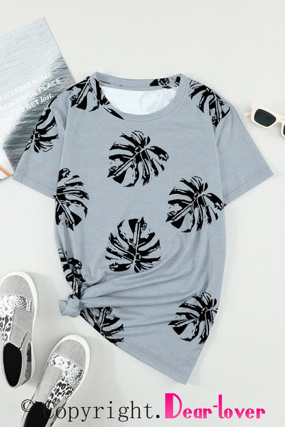 Crew Neck Tropical Plants Print T-Shirt | Gray