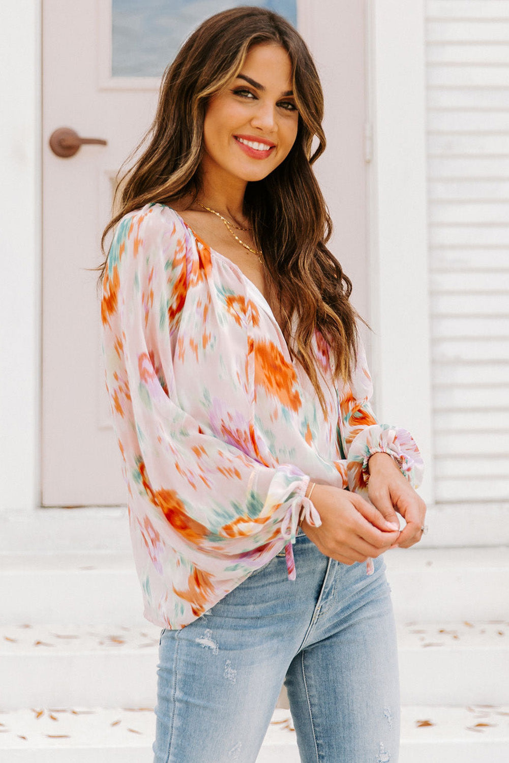 Abstract Print Split Neck Puff Sleeve Blouse | Multicolour