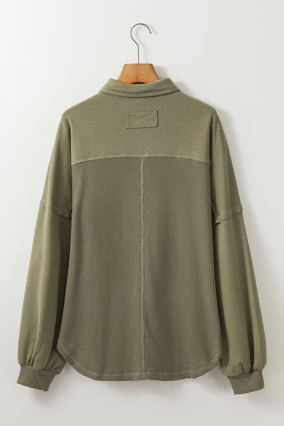 Waffle Knit Patchwork Exposed Seam Loose Shacket | Moss Green