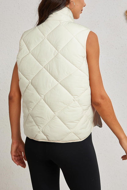 Quilted High Neck Button Up Pocket Vest Coat | Beige