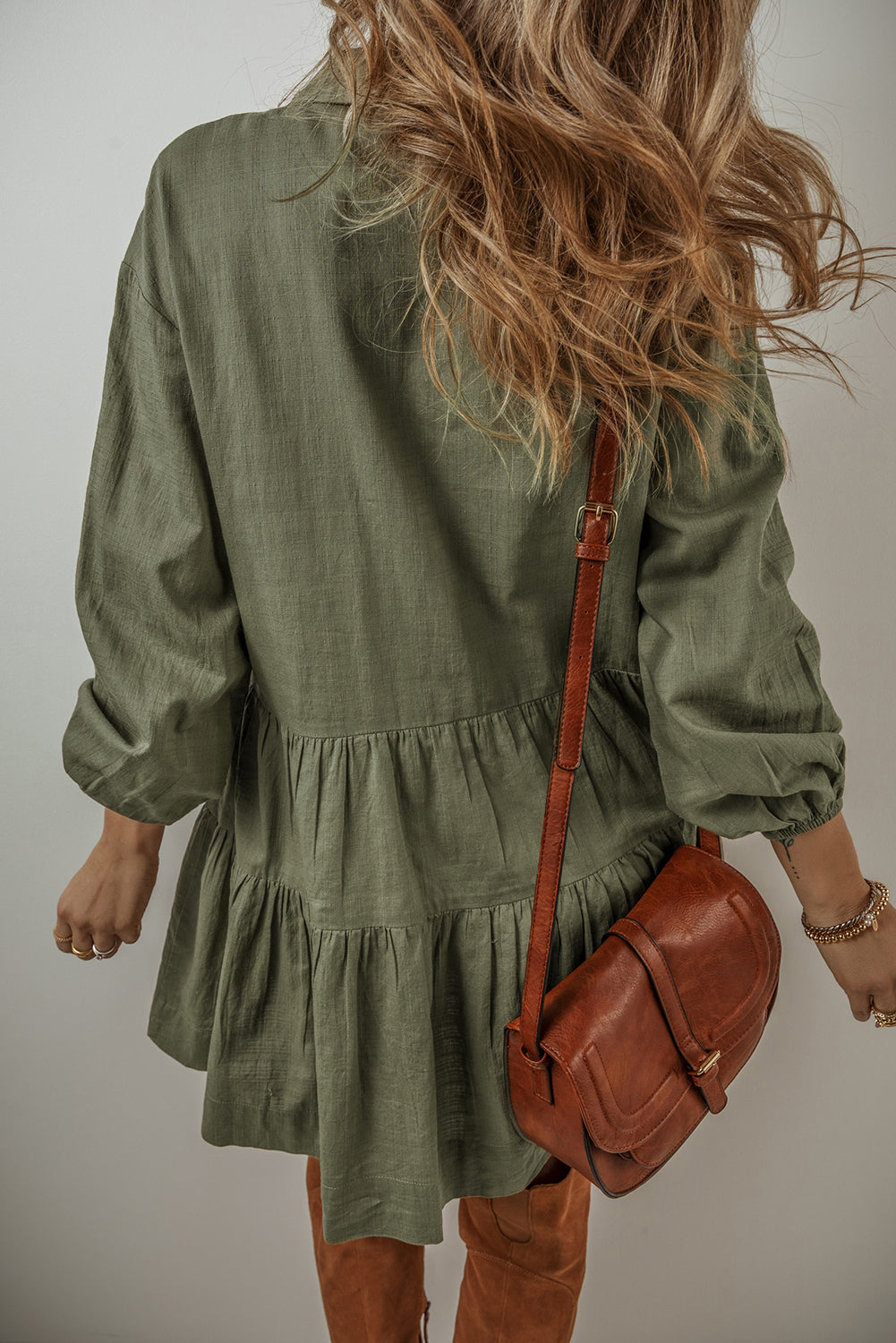 Puff Sleeve Buttoned Tiered Pleated Shirt Mini Dress | Jungle Green