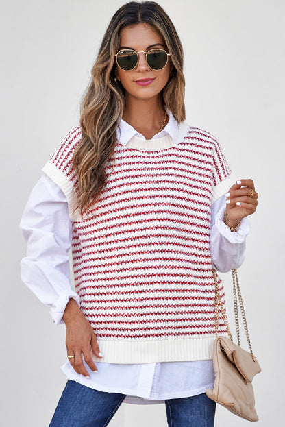 Ribbed Trim Loose Fit Knitted Sweater Vest | Red Stripe