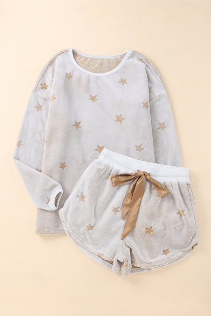 Plush Star Pattern Long Sleeve Pullover And Shorts Lounge Set | White