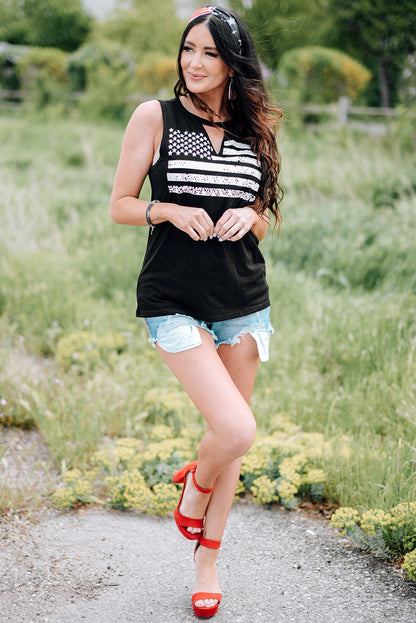 Cutout American Flag Print Tank Top | Black