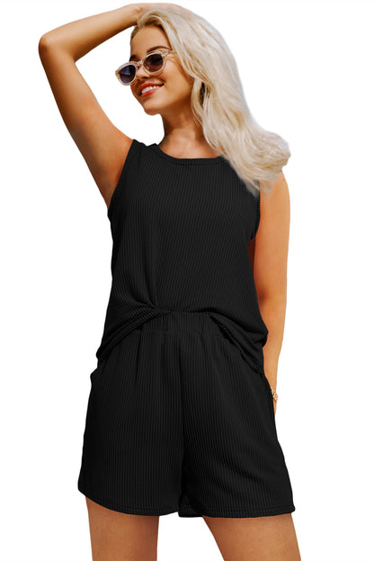 Corded Sleeveless Top And Pocketed Shorts Set | Black