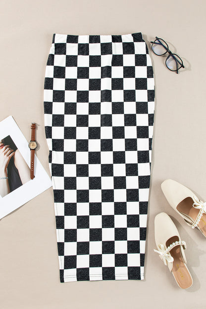 Checkered Print Side Slit High Waist Midi Skirt | White