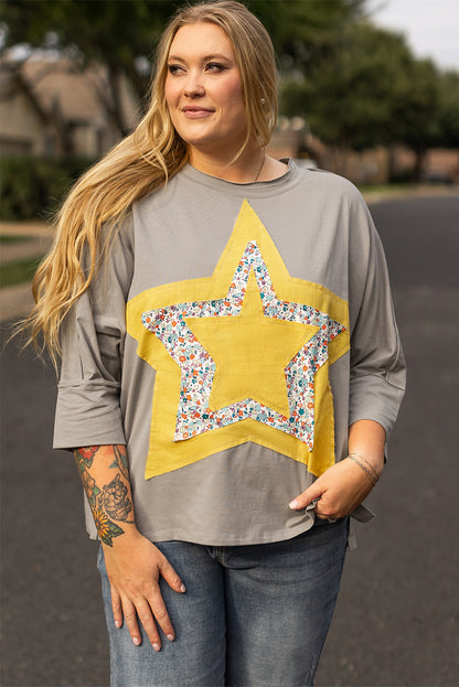 Floral Star Patched Pattern 3/4 Sleeve Plus Size Top | Medium Grey