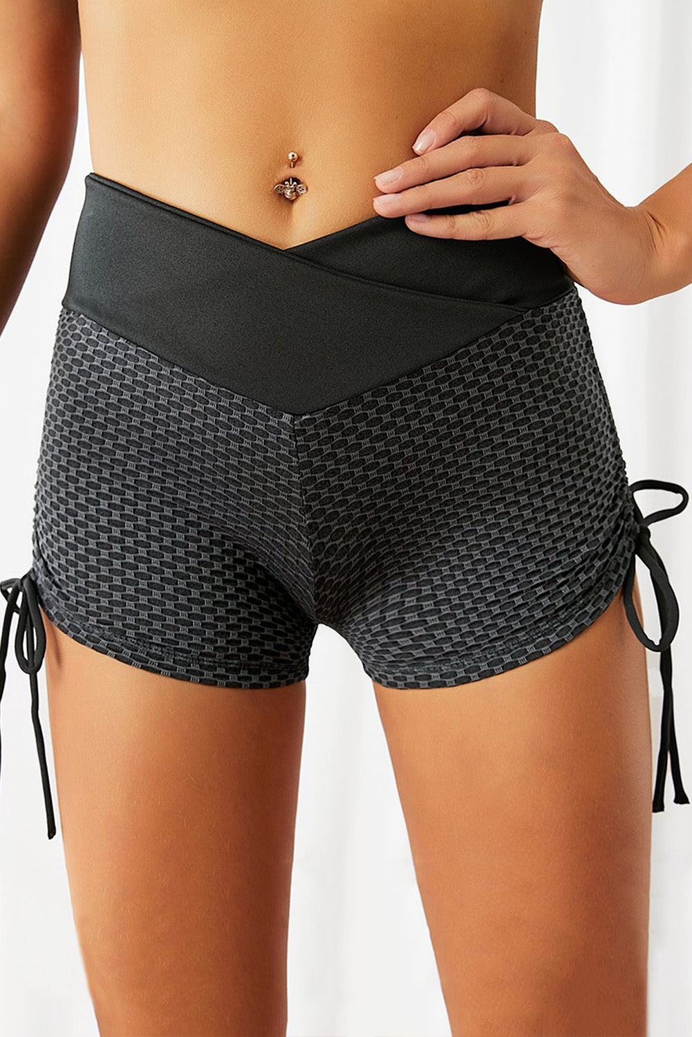 Side Drawstring Anti Cellulite High Waist Scrunch Butt Lift Shorts | Black