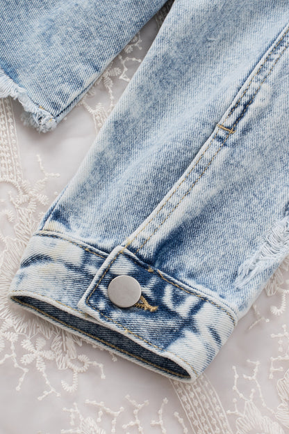 Lapel Distressed Raw Hem Buttons Denim Jacket | Sky Blue