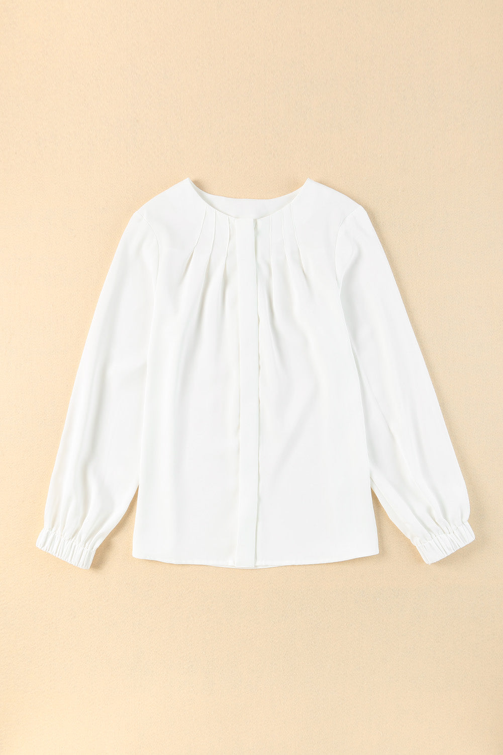 Crew Neck Gathered Stretch Cuff Shirt | White