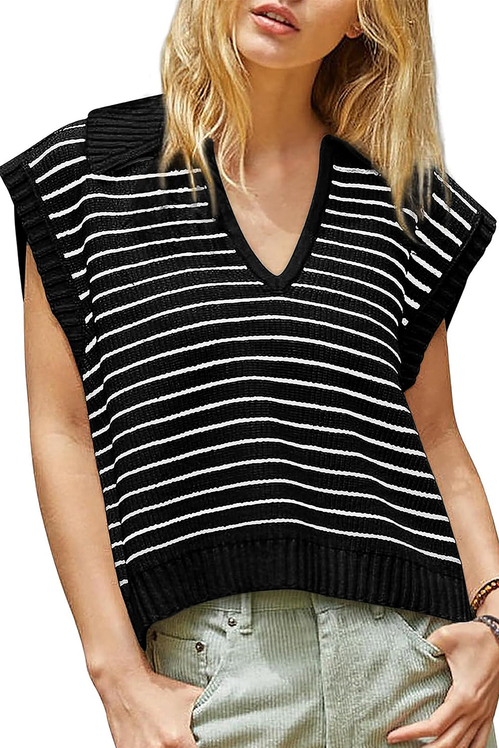 Turn-Down V Neck Sweater Tank Top | Black Stripe