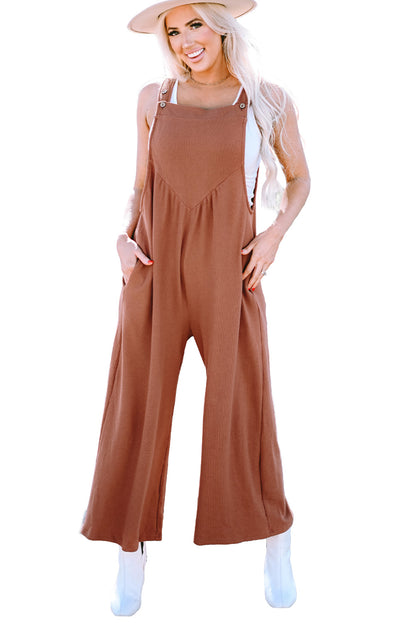 Textured Buttoned Straps Ruched Wide Leg Jumpsuit | Gold Flame