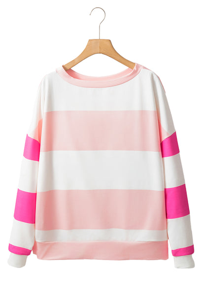 Colourblock Striped Drop Shoulder Long Sleeve Top | Light Pink