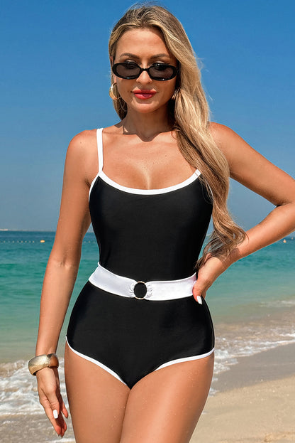 Contrast Trim Two Tone Belted One Piece Swimsuit | Black