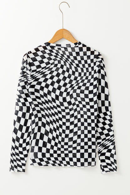 Checkered Pattern Mesh Mock Neck Long Sleeve Top | Black