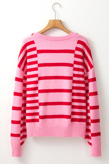 Bubble Sleeve Drop Shoulder Ribbed Trim Sweater | Pink Stripe