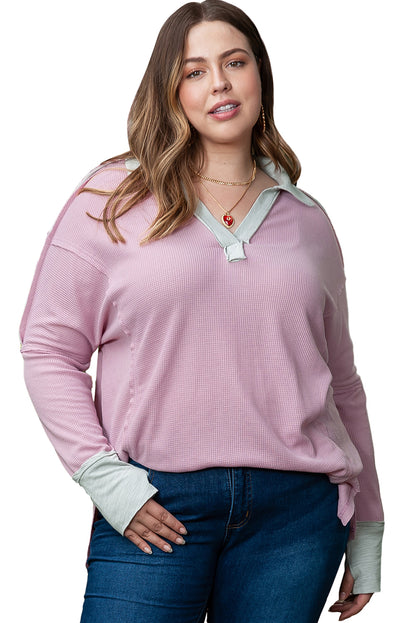 Plus Size Exposed Seam Waffle Knit Top | Pink