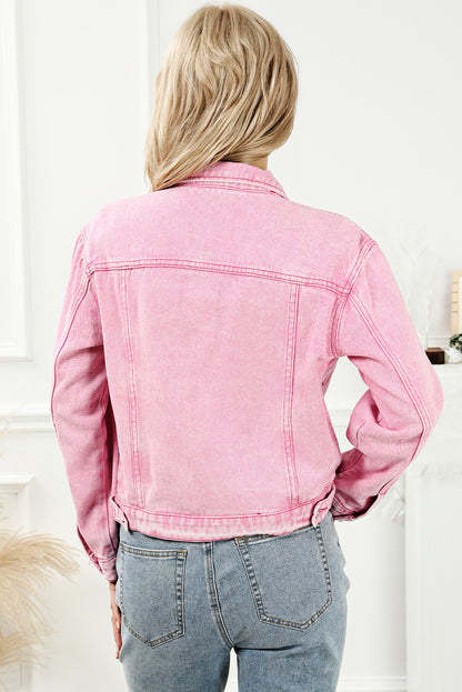 Acid Wash Button Flap Pocket Denim Jacket | Pink