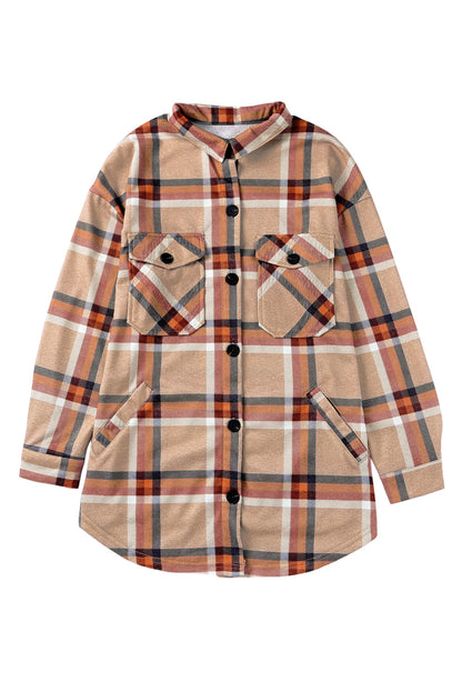 Chest Pockets Buttoned Oversized Plaid Shacket | Khaki