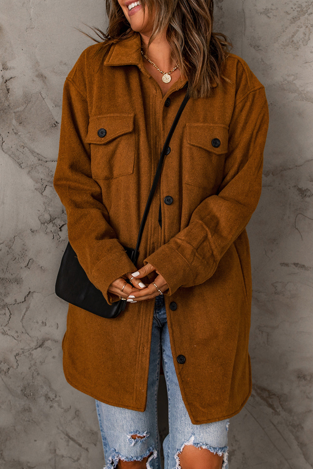 Long Sleeve Pockets Buttoned Shirt Jacket | Brown