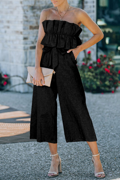 Ruffled Strapless Wide Leg Jumpsuit | Black