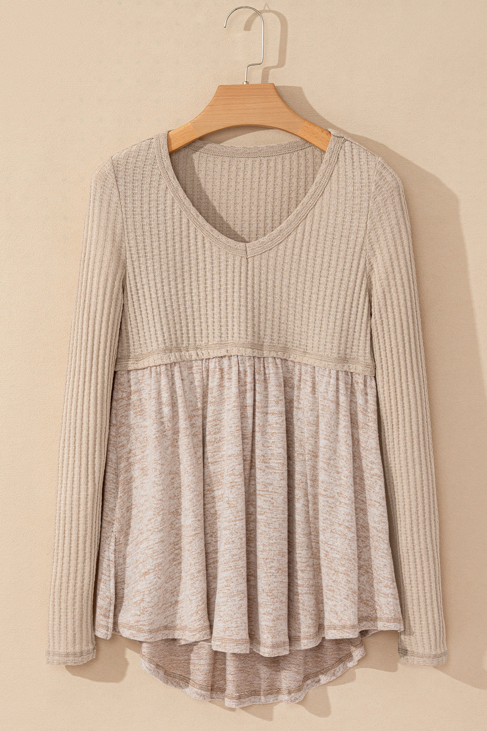 Textured Long Sleeve V Neck Babydoll Top | Smoke Gray