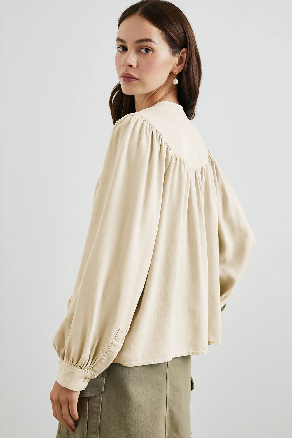 Solid Colour Lantern Sleeve Notched V Neck Blouse | White