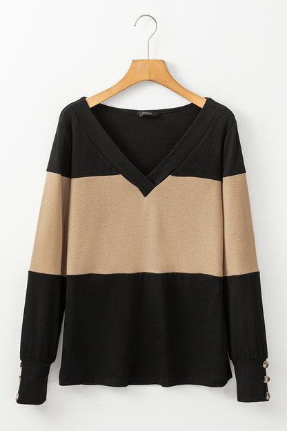 Colourblock Button Decor Long Sleeve V Neck Top | Parchment