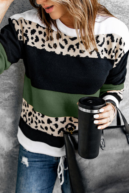 Crewneck Leopard Colour Block Knit Pullover Sweater | Green