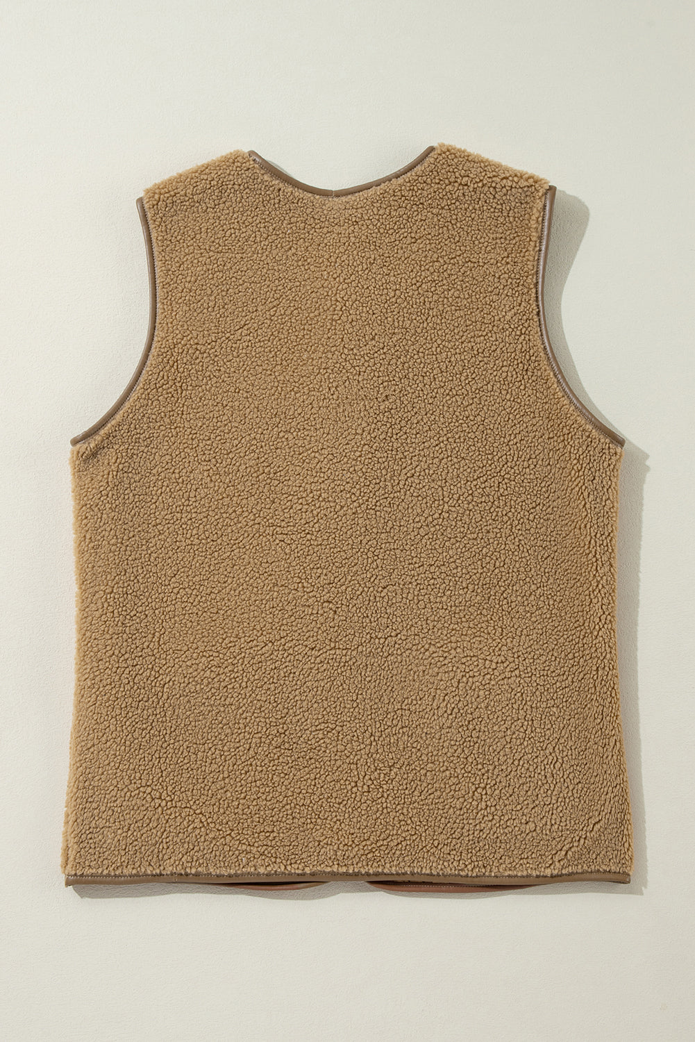 Leather Contrast Side Pockets Buttoned Fleece Vest | Camel